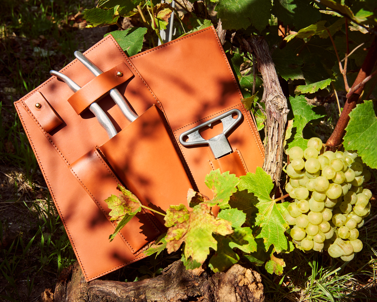 L'Atelier du Vin x Felco leather case set in vineyards with champagne grapes