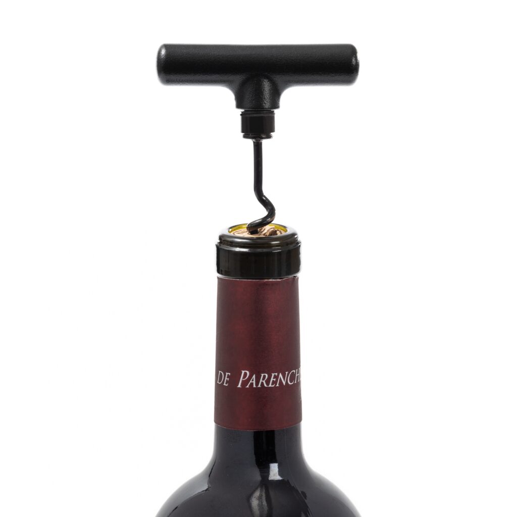 T-shaped corkscrew on a wine bottle