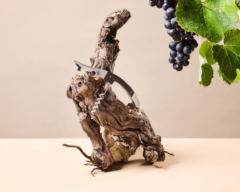 Tire-bouchon sommelier en bois et acier posé sur un sarment de vigne avec une grappe de raisins et des feuilles de vigne au premier plan en haut à droite